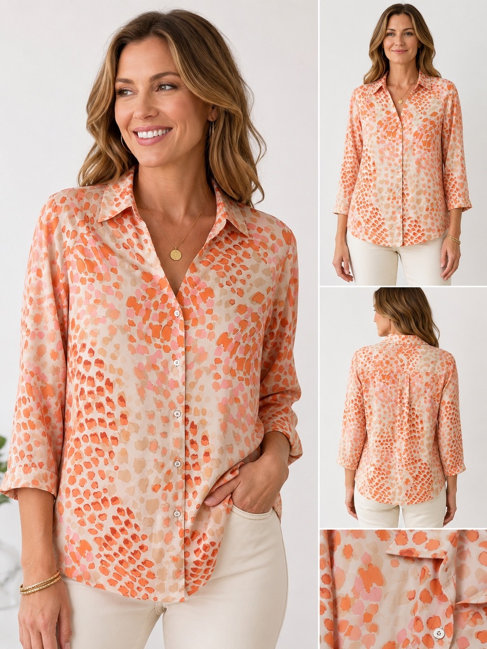 Cabi Women’s XS Abstract Animal Print Button Front Blouse 3/4 Sleeve Coral Peach